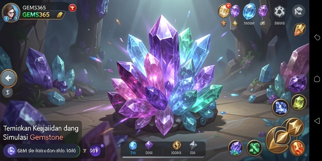 Tangkapan layar permainan GEMS365 menampilkan aktivitas menambang permata yang seru.