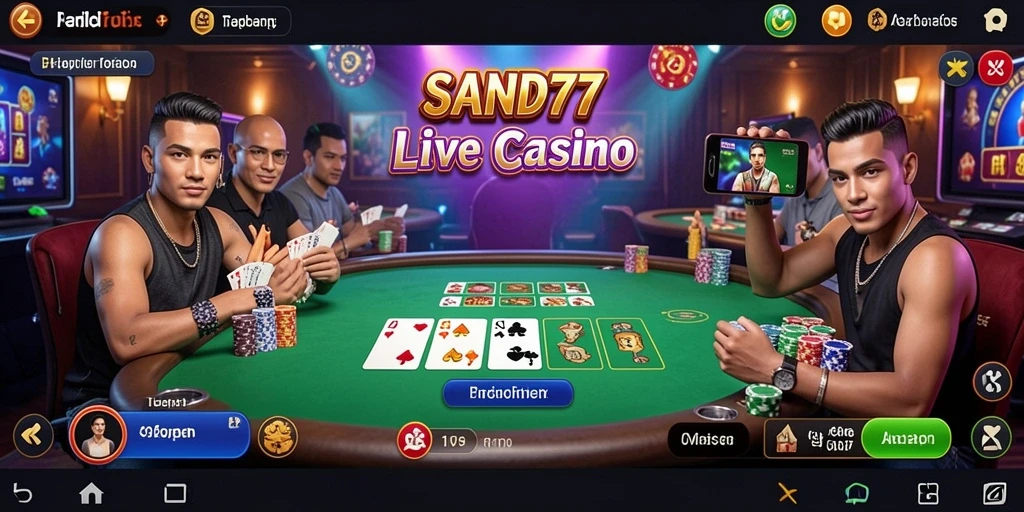 Screenshot utama SAND77 menampilkan dealer langsung dan suasana kasino yang realistis.